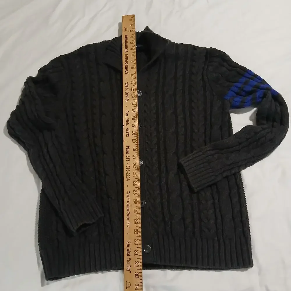 Gap XL Men's Cable-Knit Dark Grey Button-Up Cardigan 100% Cotton Striped-Sleeve